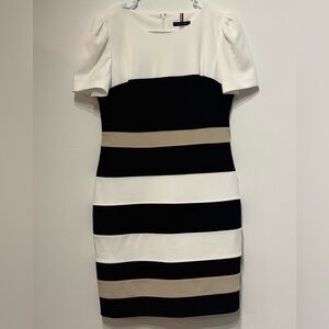 Tommy Hilfiger Black, White, and Tan Striped Midi Dress